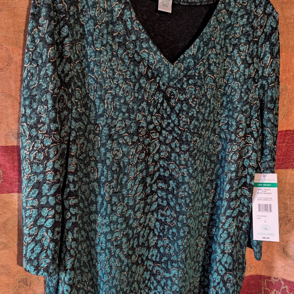 Laura Ashley Teal and Black Patterned Blouse